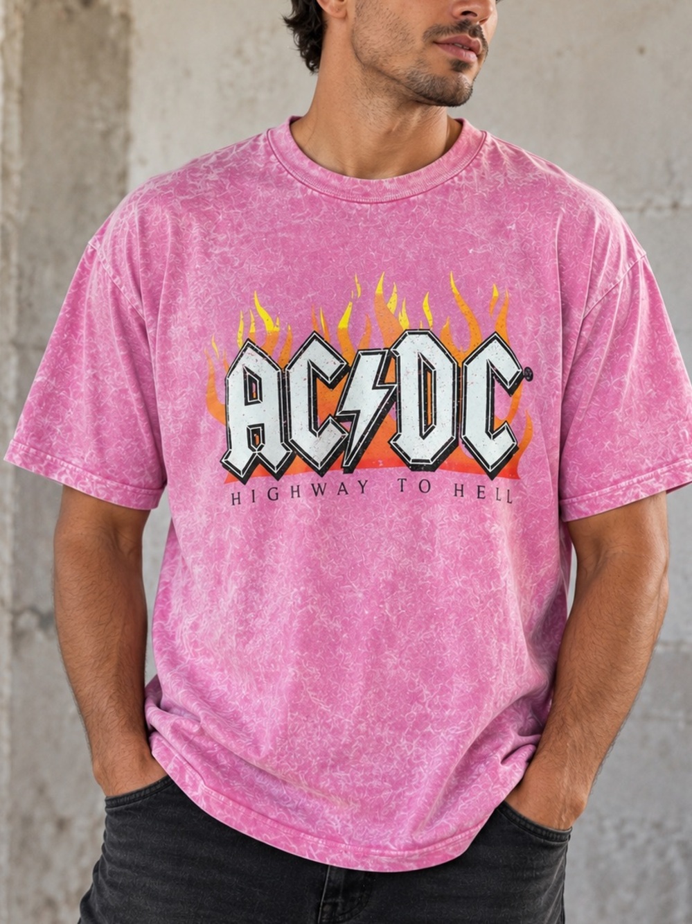 AC/DC Highway to Hell Pink Acid Wash Graphic Tee Pink Graphic Tee Large